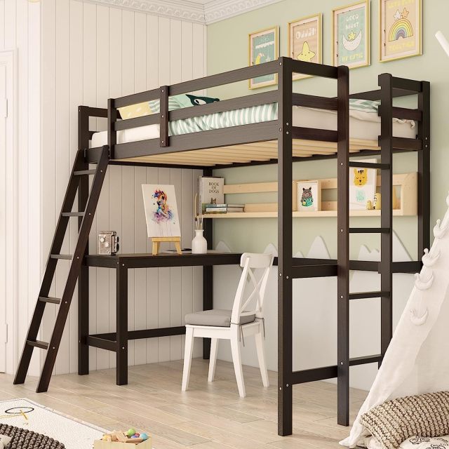 KOMFOTT Twin Size Loft Bed with Desk, 2 Ladders