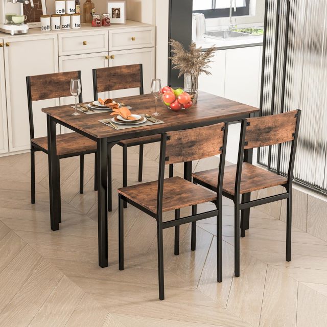 KOMFOTT 5-Piece Dining Table Set, Industrial Kitchen Table and Chairs for 4 with Backrest and Metal Frame