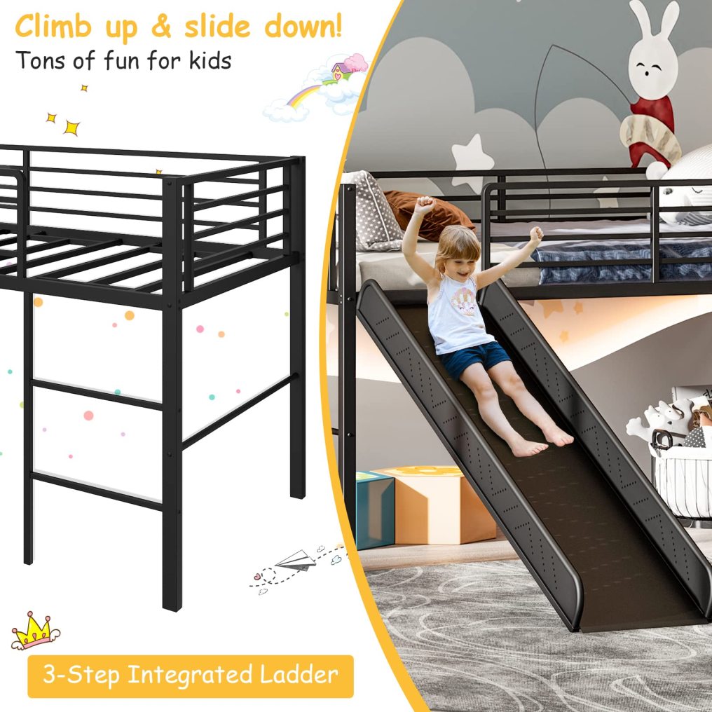 KOMFOTT Twin Metal Low Loft Bed with Slide, Safety Guardrails & Built-in Ladder