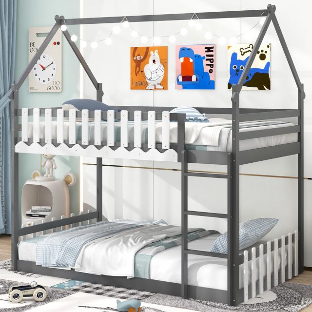 KOMFOTT Wood Twin Over Twin House Bunk Bed, Solid Wood Low Bunk Bed with Ladder, Safety Guardrails & Fences