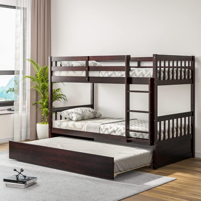 KOMFOTT Twin Over Twin Wood Bunk Bed with Trundle, 2-in-1 Convertible Bunk Bed with Ladder & Solid Wood Frame