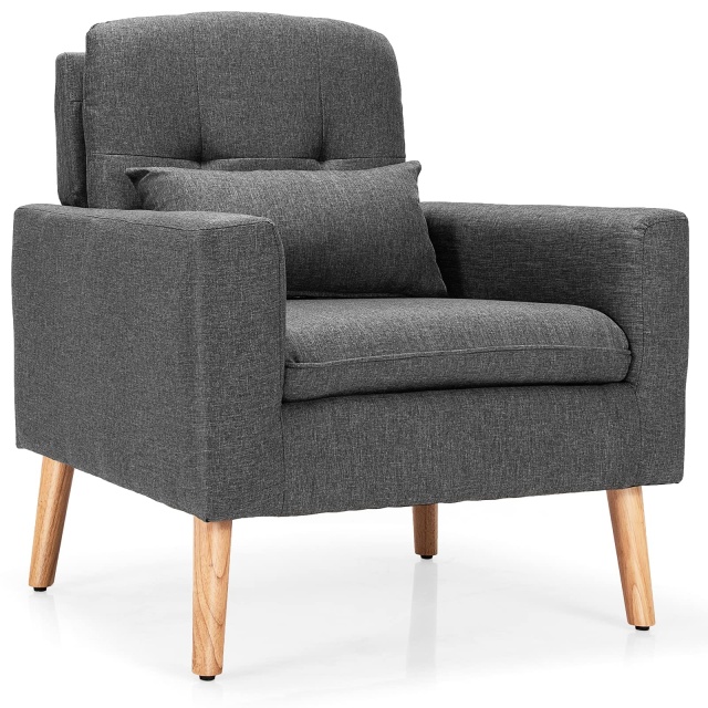 KOMFOTT Modern Linen Accent Chair, Upholstered Tufted Armchair with Lumbar Pillow, Rubber Wood Legs, Padded Cushion