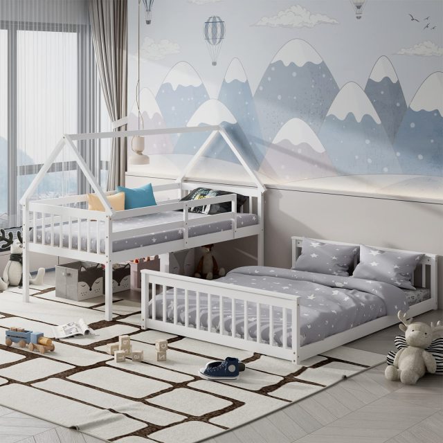 KOMFOTT Twin Over Full Wood House Bunk Bed with Integrated Ladder & Safety Guardrails, Convertible to 2 Beds