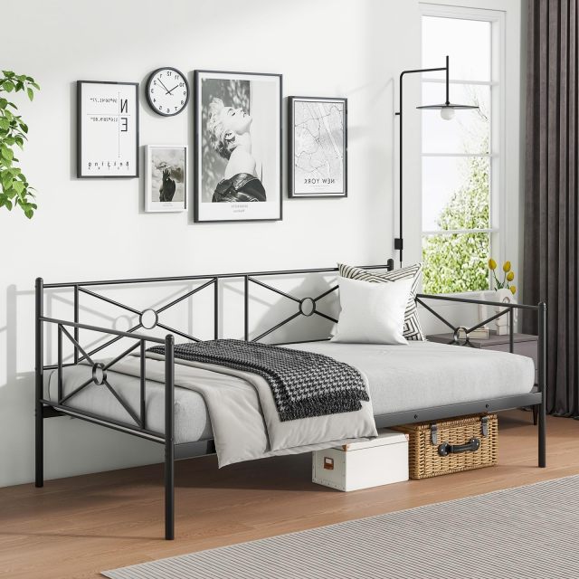 KOMFOTT Twin Size Metal Daybed Frame, Multifunctional Sofa Guest Bed with Headboard
