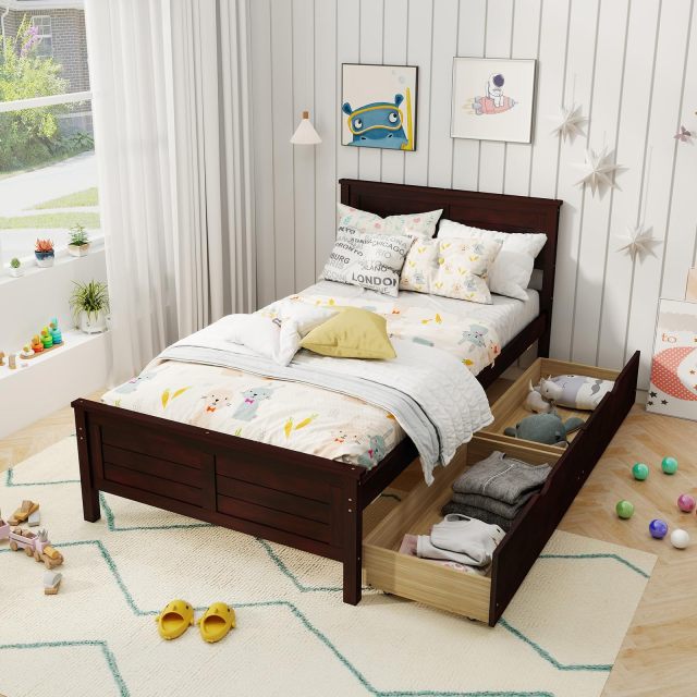 KOMFOTT Wood Bed Frame with 2 Storage Drawers