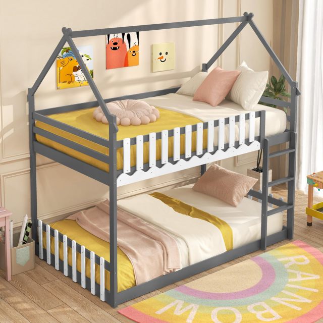 KOMFOTT Wood Twin Over Twin House Bunk Bed, Solid Wood Low Bunk Bed with Ladder, Safety Guardrails & Fences