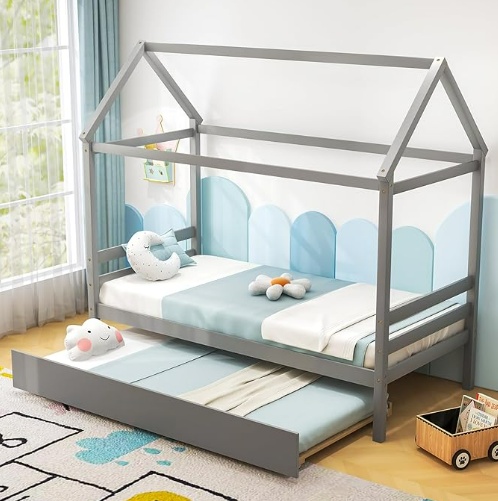 KOMFOTT Twin Size Wood House Bed with Trundle and Roof