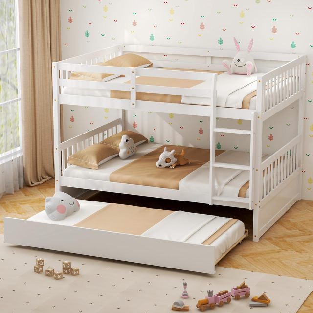 KOMFOTT Full Over Full Wood Bunk Bed with Trundle, Ladder, Solid Wood Frame & Safety Guardrails
