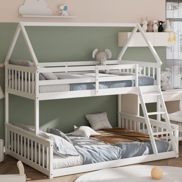 KOMFOTT Twin Over Full Wood House Bunk Bed with Integrated Ladder & Safety Guardrails, Convertible to 2 Beds