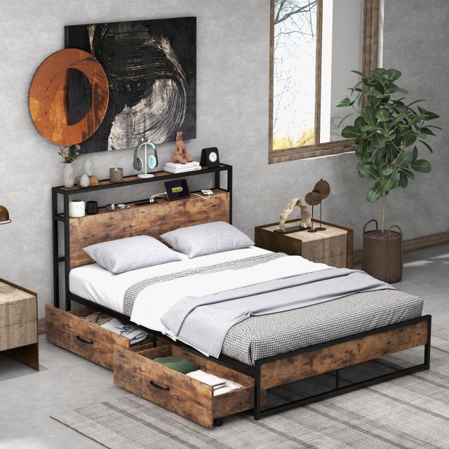KOMFOTT Bed Frame with 2 Storage Drawers and Charging Station, Rustic Metal Slats Support Mattress Foundation
