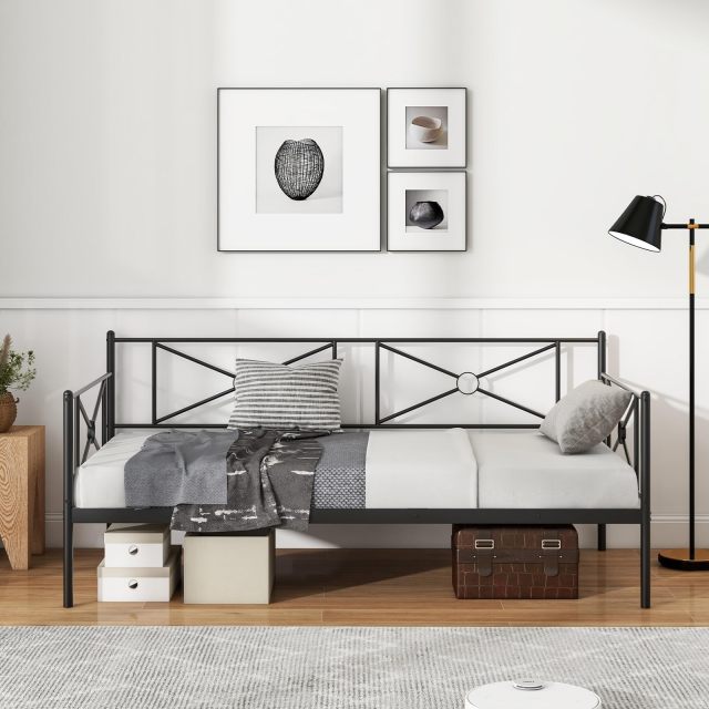 KOMFOTT Twin Size Metal Daybed Frame, Multifunctional Sofa Guest Bed with Headboard
