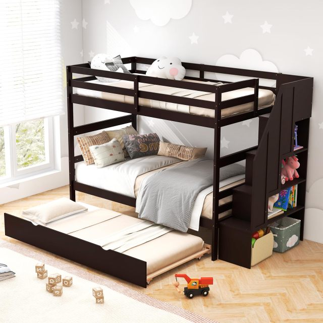 KOMFOTT Twin Over Twin Wood Bunk Bed with Trundle & Storage Stairs, Convertible to 2 Separated Beds