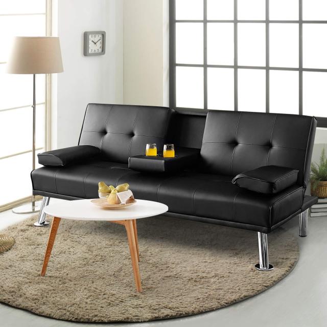 KOMFOTT Leather Convertible Futon Sofa Bed with Removable Armrests and 2 Cup Holders