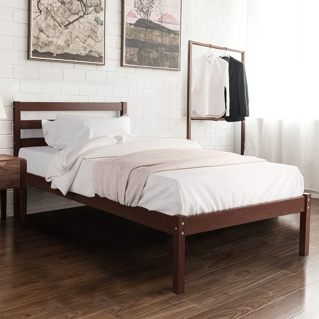 KOMFOTT Wood Platform Bed Frame, Paneled Headboard, Wood Slat Support