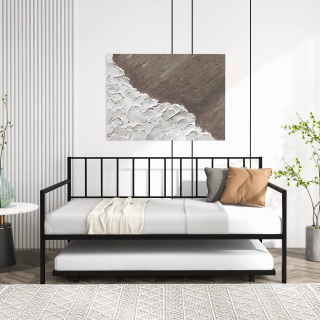 KOMFOTT Twin Metal Daybed with Trundle, Metal Sofa Bed & Pull-Out Trundle Set with Lockable Casters