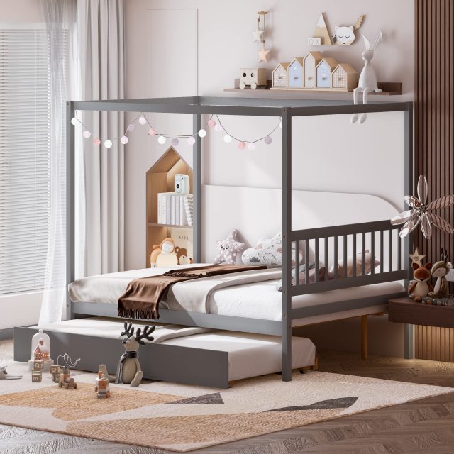 KOMFOTT Wood Canopy Bunk Bed with Trundle, Full Size Solid Wood Platform Bed with Headboard