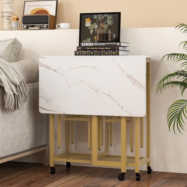 KOMFOTT 3 Piece Foldable Dining Table Set, Extendable Dining Table & 2 Stools Set w/ 6-Bottle Wine Rack, Shelves & Side Pushing Handle