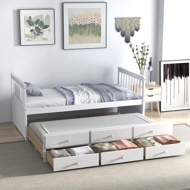 KOMFOTT Twin Size Wooden Captain Daybed with Trundle and 3 Storage Drawers