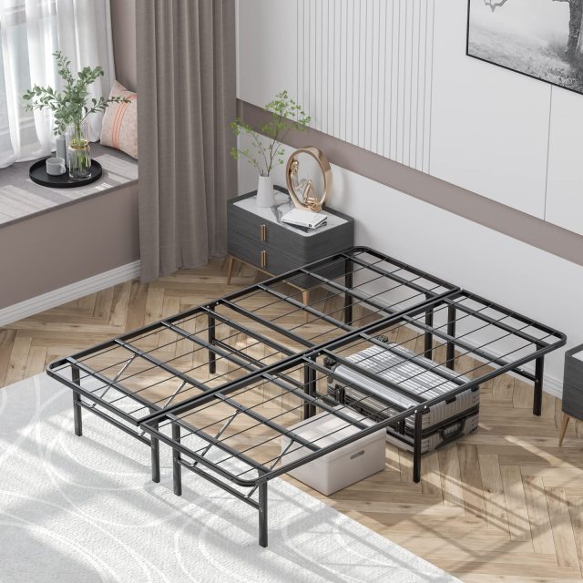 KOMFOTT 14 Inch Foldable Metal Platform Bed Frame, Tool-Free Assemble, Heavy Duty Folding Bed Frame w/Steel Slat & Underbed Storage