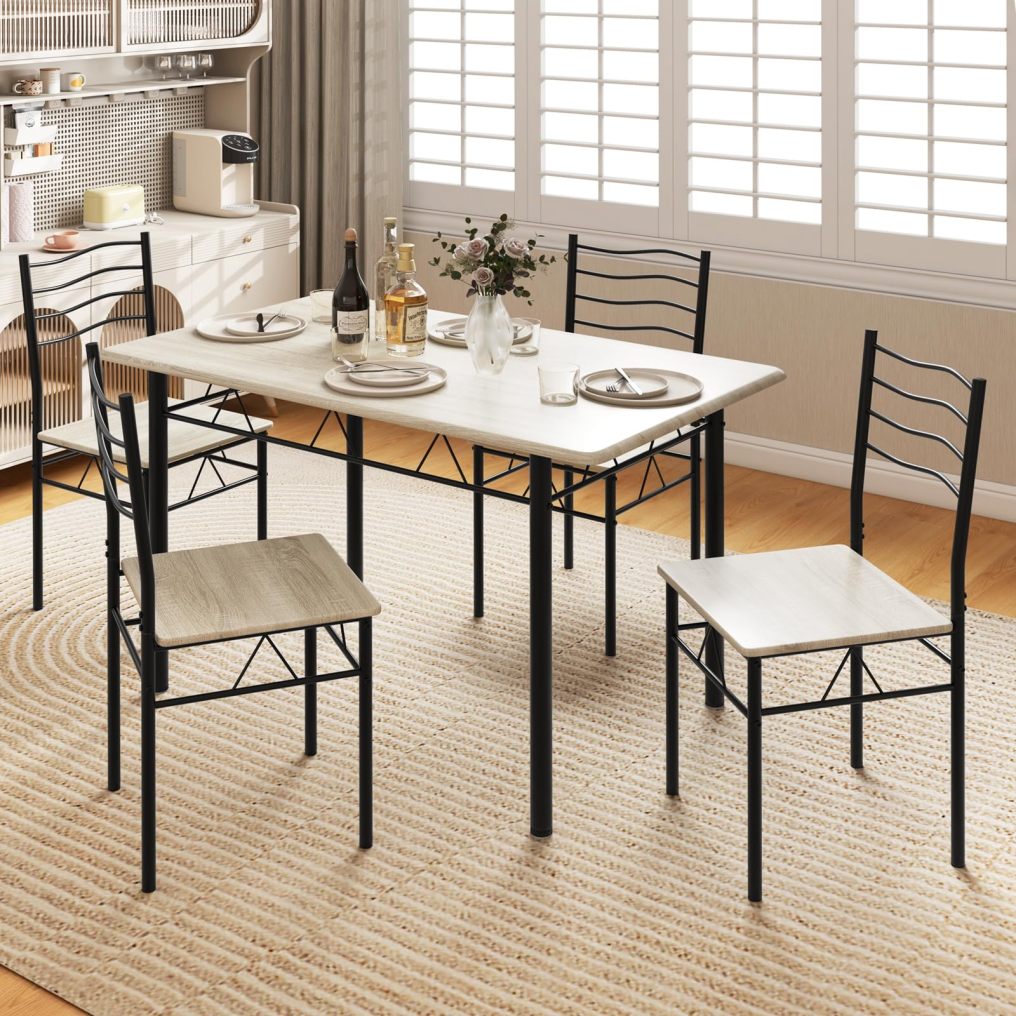 KOMFOTT 5 Piece Dining Table Set with 4 Chairs, Metal Frame Wood Like Tabletop Kitchen Furniture