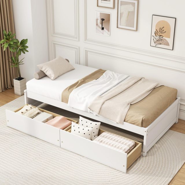 KOMFOTT Bed Frame with 2 Storage Drawers, Solid Wood Platform Bed with Slats Support