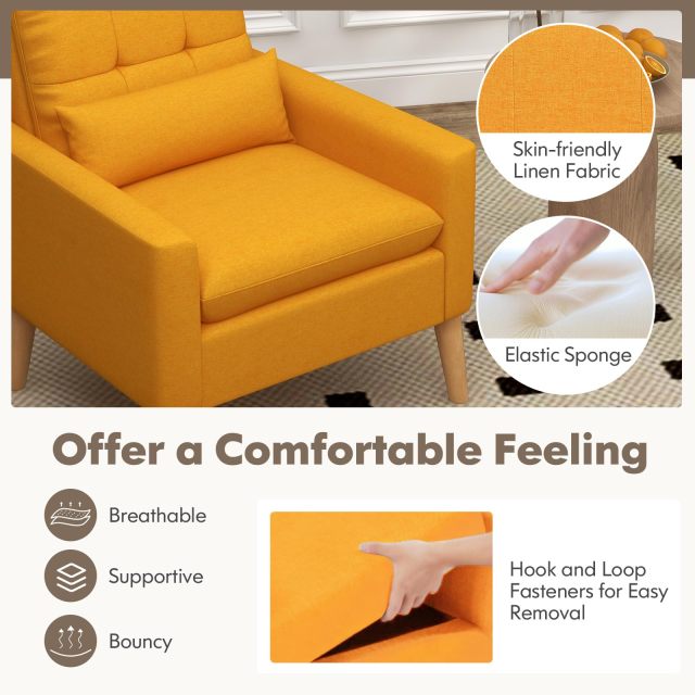 KOMFOTT Modern Linen Accent Chair, Upholstered Tufted Armchair with Lumbar Pillow, Rubber Wood Legs, Padded Cushion