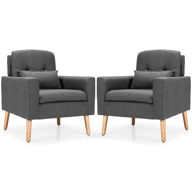 KOMFOTT Modern Linen Accent Chair, Upholstered Tufted Armchair with Lumbar Pillow, Rubber Wood Legs, Padded Cushion