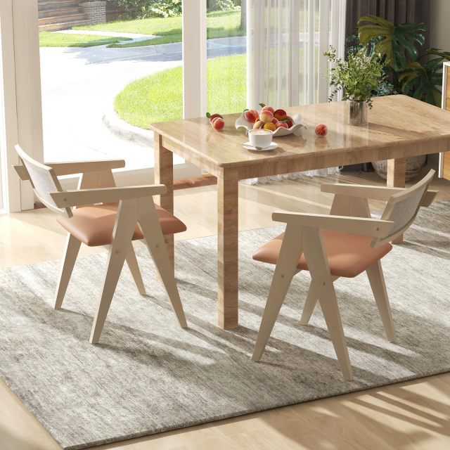 KOMFOTT Wooden Dining Chairs Set of 2/4, Mid Century Upholstered Kitchen Chairs w/Leathaire Seat Cushions & Sherpa Backrests