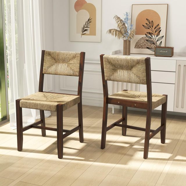 KOMFOTT Rattan Dining Chairs Set of 2/4, Farmhouse Cane Side Chairs w/Woven Seaweed Backrest & Seat