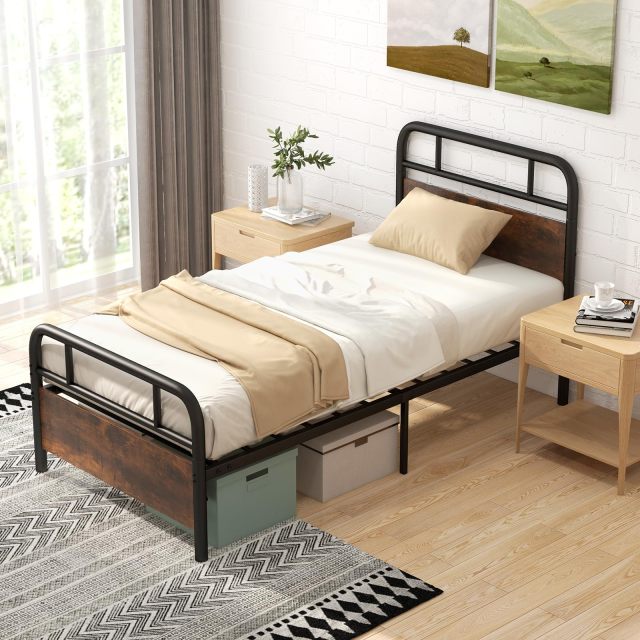 KOMFOTT Industrial Metal Bed Frame with Wood Headboard and Footboard, Rustic Brown
