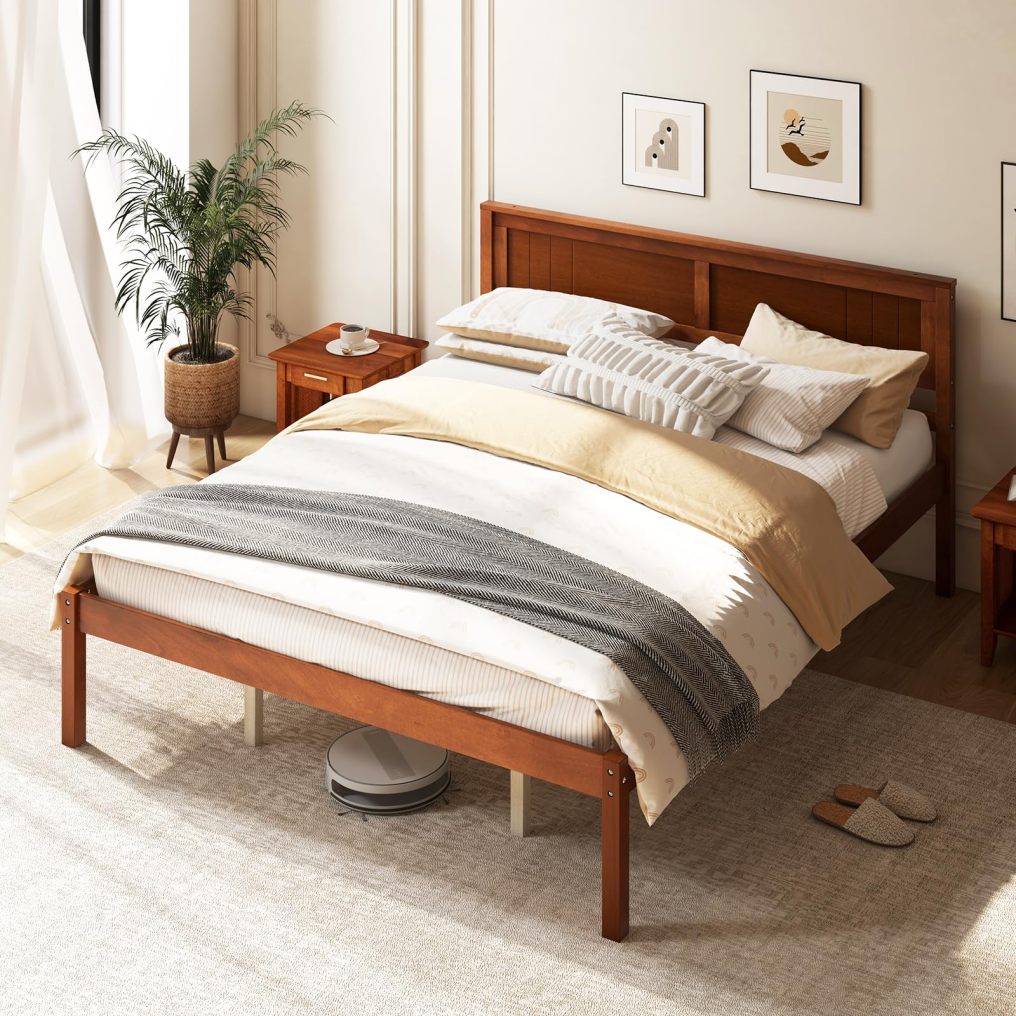 KOMFOTT Wooden Platform Bed Frame with Headboard & Wood Slat Support