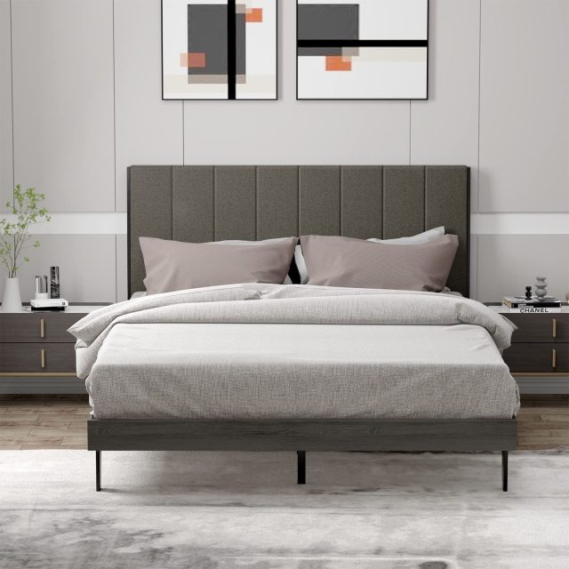KOMFOTT Upholstered Bed Frame, Wooden Slats Support, Queen Mattress Foundation with Tufted Headboard