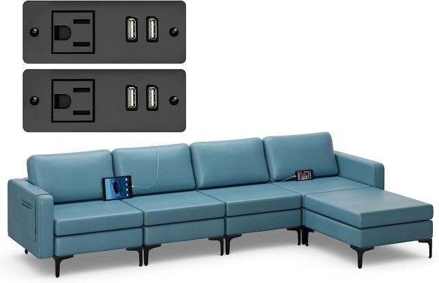 KOMFOTT 4 Seat Convertible L-Shaped Sofa Couch, 123 Inch Sectional Sleeper with 2 USB Ports Socket