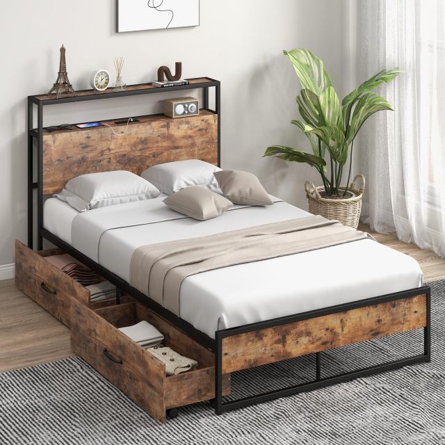 KOMFOTT Bed Frame with 2 Storage Drawers and Charging Station, Rustic Metal Slats Support Mattress Foundation
