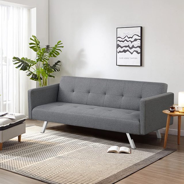 KOMFOTT Modern 3 Seat Convertible Futon Sofa Bed with USB and Power Strip