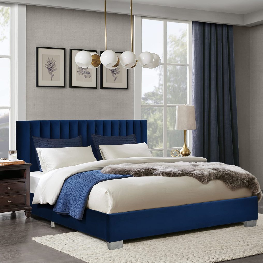 KOMFOTT Upholstered Bed Frame with Headboard, Heavy Duty Wood Slats Support & Mattress Foundation