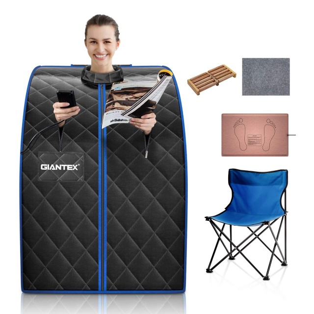 KOMFOTT Infrared Portable Sauna W/ 9 Temperature & Timer, Foldable Chair, LED Remote Control, Foot Roller, Heating Foot Pad & Absorbent Mat