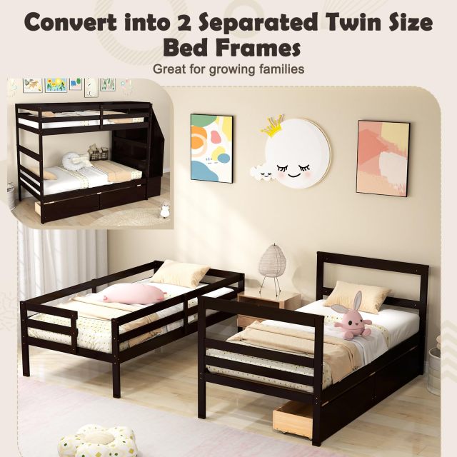 KOMFOTT Wood Twin Over Twin Bunk Bed with 2 Storage Drawers & Stairs