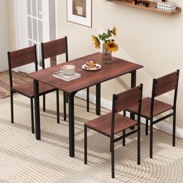 KOMFOTT 5-Piece Dining Table Set, Industrial Kitchen Table and Chairs for 4 with Backrest and Metal Frame