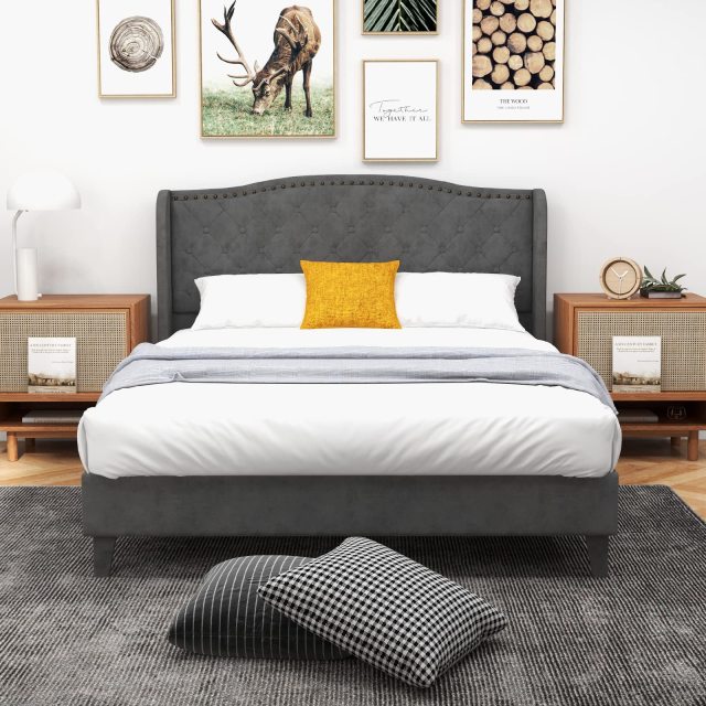 KOMFOTT Full/Queen Size Velvet Upholstered Platform Bed Frame with Button Tufted Headboard