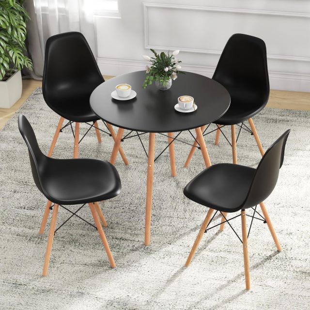 KOMFOTT Round Dining Table Set for 4, Modern Circle Kitchen Table & 4 Chairs with Ergonomic Seats and Solid Wood Legs