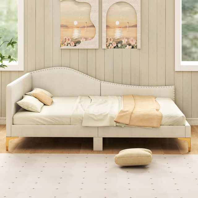 KOMFOTT Rivet-Tufted Platform Bed Frame with Headboard, Metal Legs & Wood Slats, L-Shaped Corner Sofa Bed