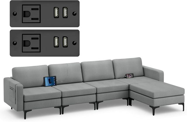 KOMFOTT 4 Seat Convertible L-Shaped Sofa Couch, 123 Inch Sectional Sleeper with 2 USB Ports Socket