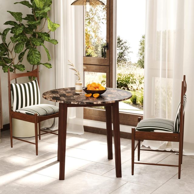 KOMFOTT Round Dining Table with Rubber Wood Legs, Marble-Textured Veneer Tabletop