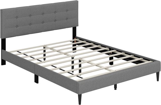 KOMFOTT Twin/Queen Size Upholstered Platform Bed Frame with Button Tufted Linen Fabric Headboard