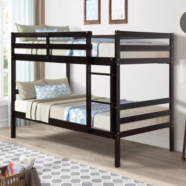 KOMFOTT Twin Over Twin Wood Bunk Bed with Ladder & Safety Guardrail