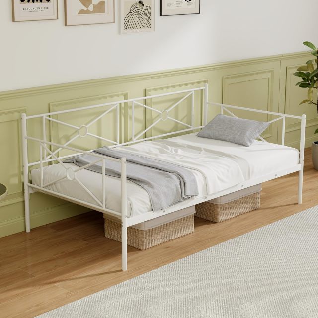 KOMFOTT Twin Size Metal Daybed Frame, Multifunctional Sofa Guest Bed with Headboard