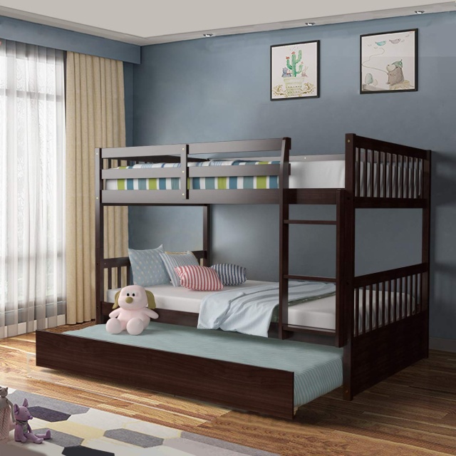 KOMFOTT Full Over Full Wood Bunk Bed with Trundle, Ladder, Solid Wood Frame & Safety Guardrails