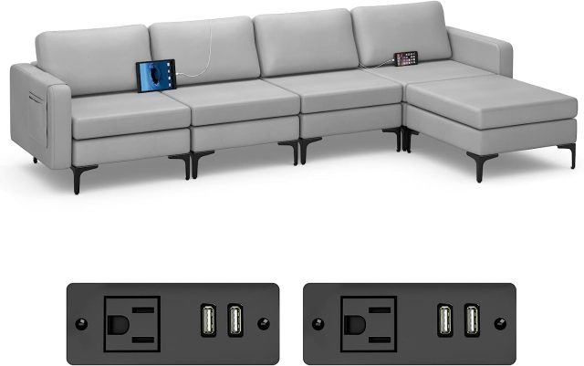 KOMFOTT 4 Seat Convertible L-Shaped Sofa Couch, 123 Inch Sectional Sleeper with 2 USB Ports Socket