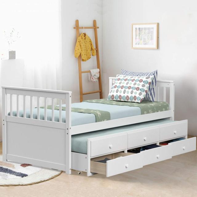 KOMFOTT Twin Captain’s Bed with Trundle Bed, Wood Storage Daybed with 3 Storage Drawers